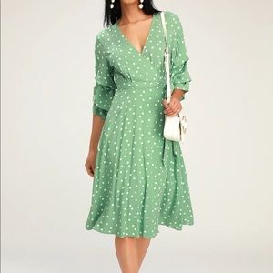 LuLus Sage Green & White Polka Dot Midi Dress